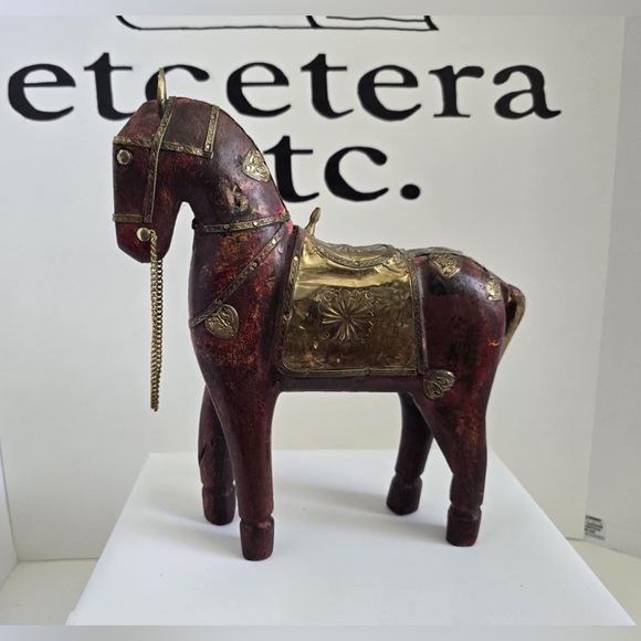 Hand Carved Wooden Horse Brass & Copper Accents Statue Figurines Set Of 2 - Picture 2 of 10